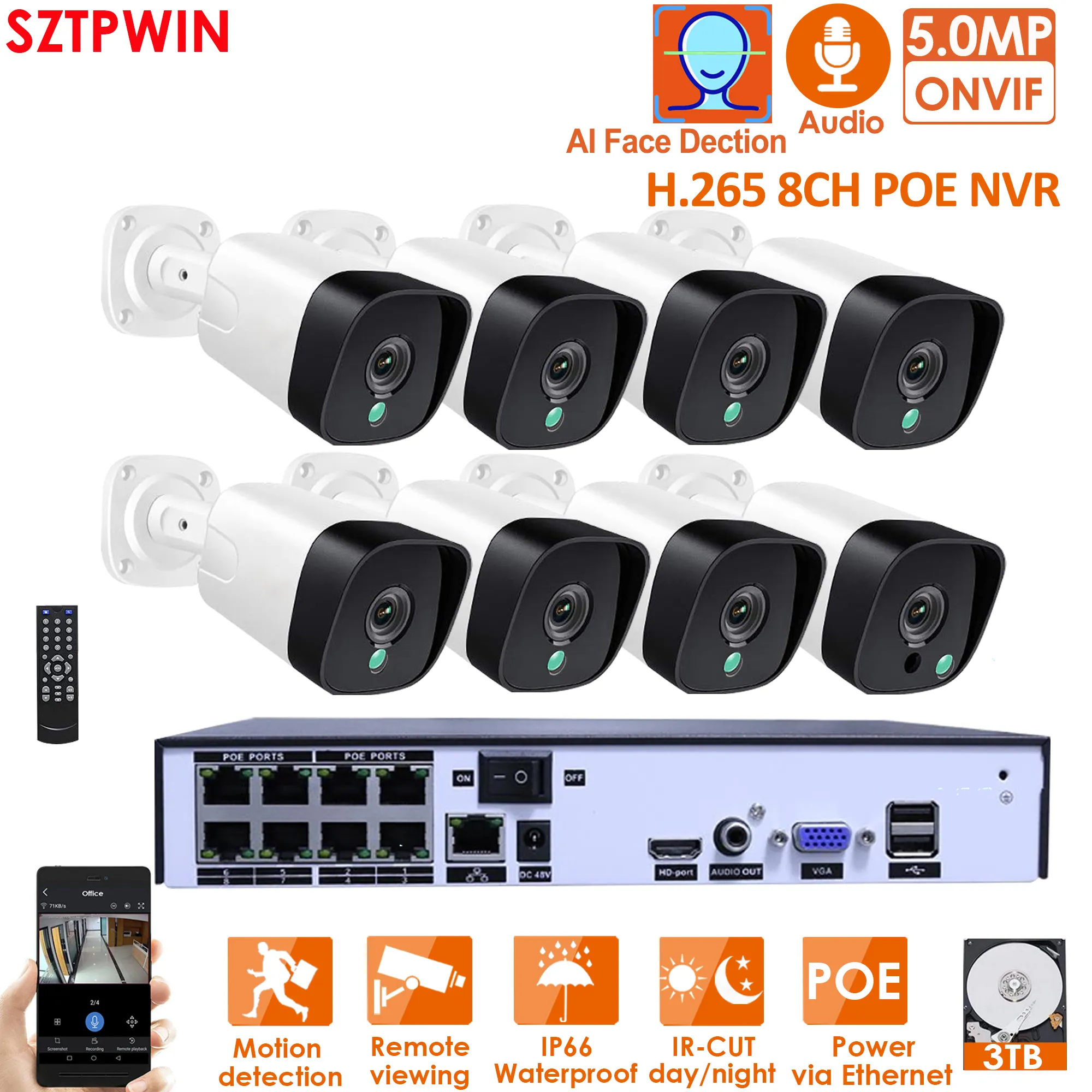 H.265 + 8CH 5MP POE Security Camera Systeem Kit Audio Record RJ45 5MP IP-camera Outdoor Waterdichte CCTV Video Surveillance NVR Kit met 3TBHDD