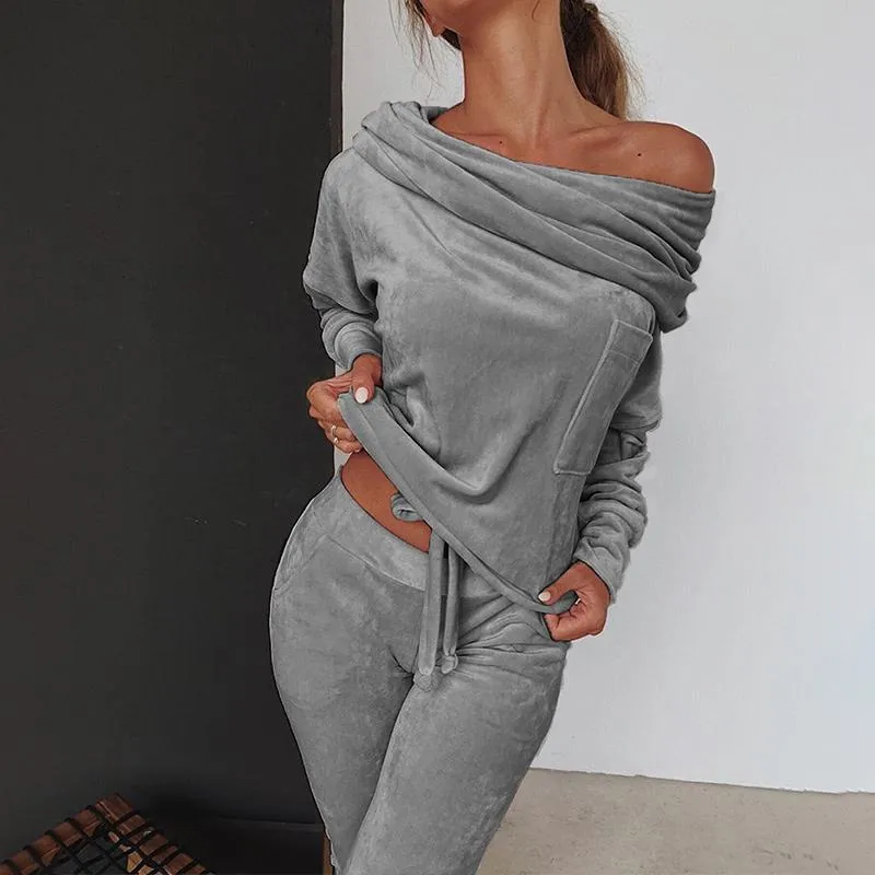 New Off Shoulder Velvet Women 'S Tracksuit Suit Woman Jogging Sets Sports Female Spring Autumn Lounge Wear Suits Ladies Size S-XL