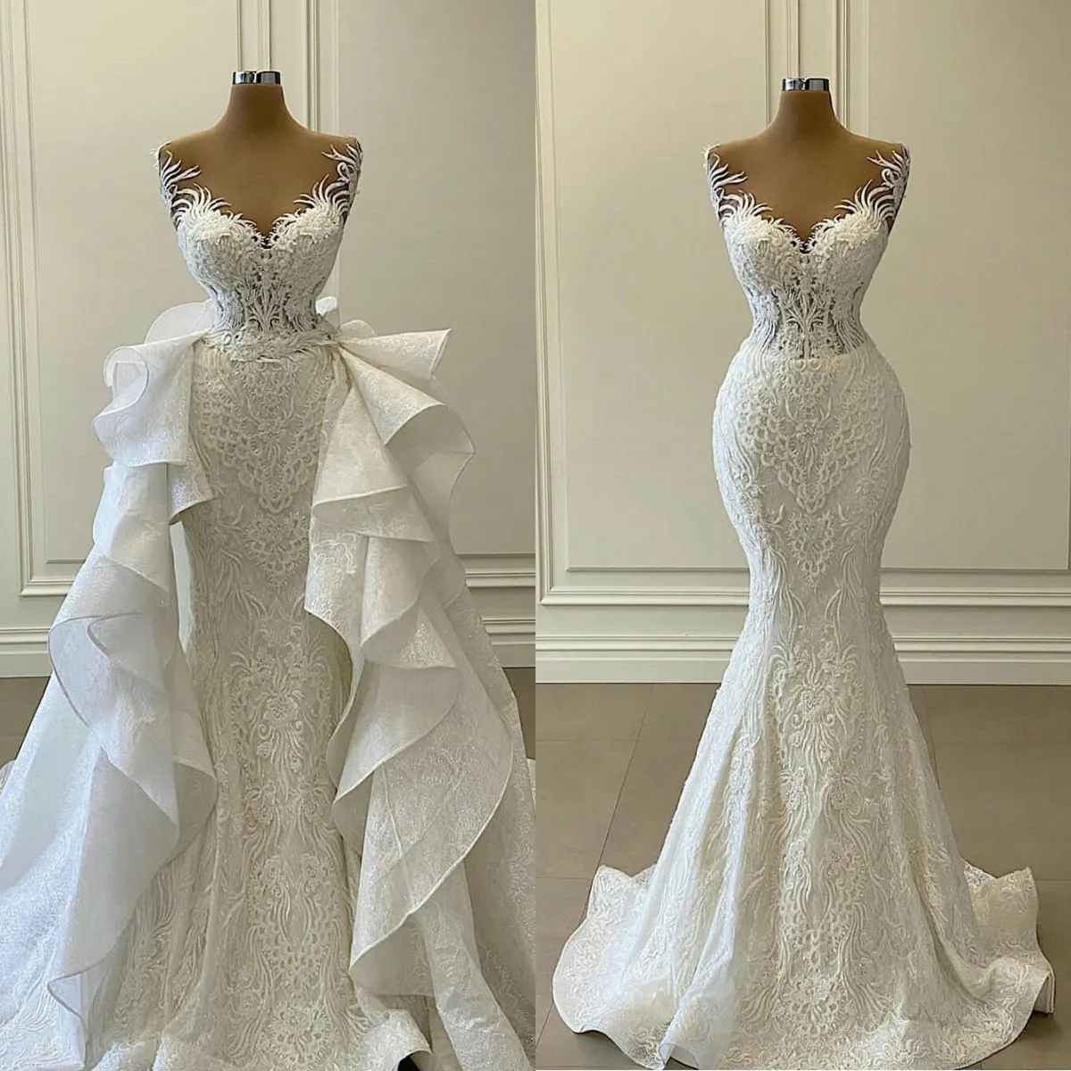 Sjöjungfrun bröllopsvita klänningar med löstagbara tåg rufsar spets applicerade brudklänningar plus storlek vestidos de novia