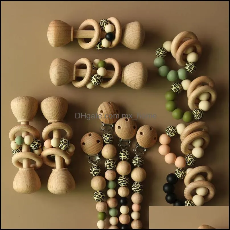 Baby Pacifier Holders Chain Clips Weaning Teething Natural Wooden Beads Teeth Practice Toys Leopard Infant Feeding Pacifiers 3Pcs/Sets