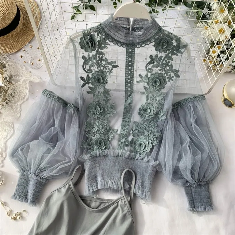 Autumn Women Mesh Topps Fashion Sexig Sheer Lace Blus Lantern Sleeve 3D Floral Bluess Shirts Elegant Top Blusas Femininas 2021 220216