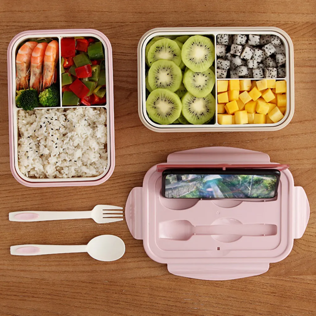 Japanse-stijl magnetron Verwarming dubbellaags Bento Box Drie-compartiment partitie Rechthoekige Plastic Lunchbox Set 201015