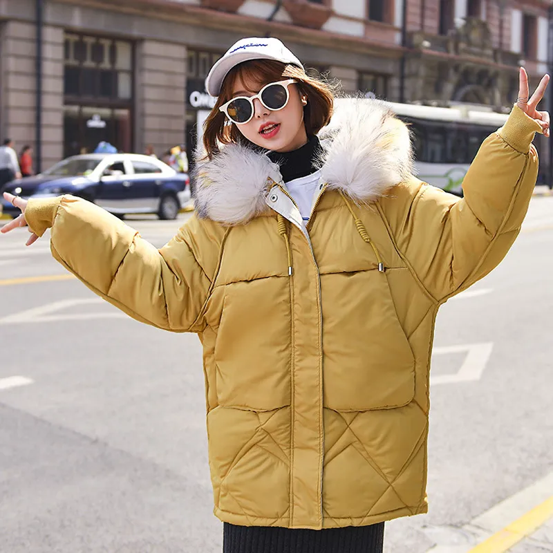 Chaud hiver veste femmes mode à capuche col de fourrure vers le bas coton manteau femmes coréen couleur unie lâche grande taille femme manteau 201225