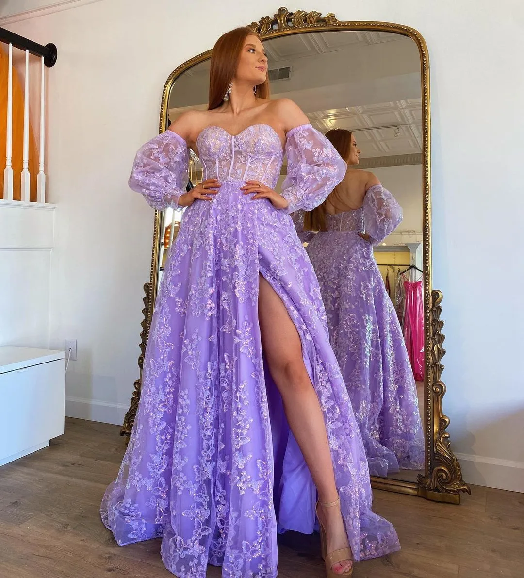 Sweetheart Lilac Long Evening Party Dress broderad fjäril 2022 Robe de Soiree avtagbara ärmar Lavendelklänningar Lady 2158