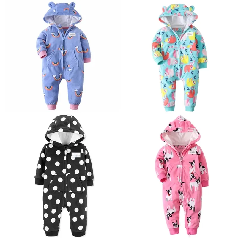 Dziewczynka Ubrania Zima Z Długim Rękawem Z Kapturem Boy Kombinezon Polar Kombinezony Ciepły Zipper 9-24m Toddler Niemowlę Śliczne Kostium LJ201023