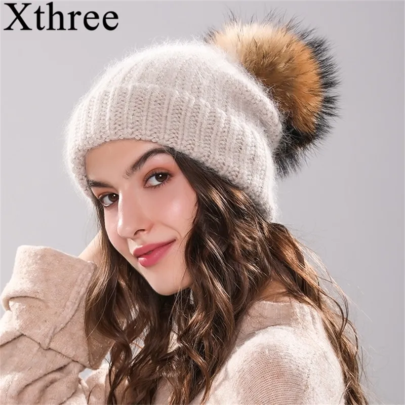 XThree 70% Angola Rabbit gestrickt mit echtem Pelzbommel Skullie Beanie Winter für Damen Mädchen Mütze Damenmütze Y201024