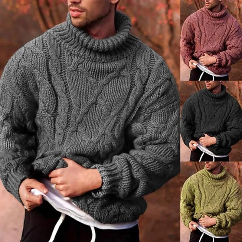 ファッションメン秋の冬のツイストブレードニットセータータートルネックジャンパープルオーバー