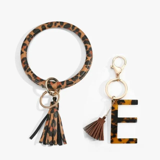 Keyring Bracelet Tassel Classic Leopard Print A-Z Initial Letter Pendant Bangle Exaggerated Big Round Keychain Wrist Strap