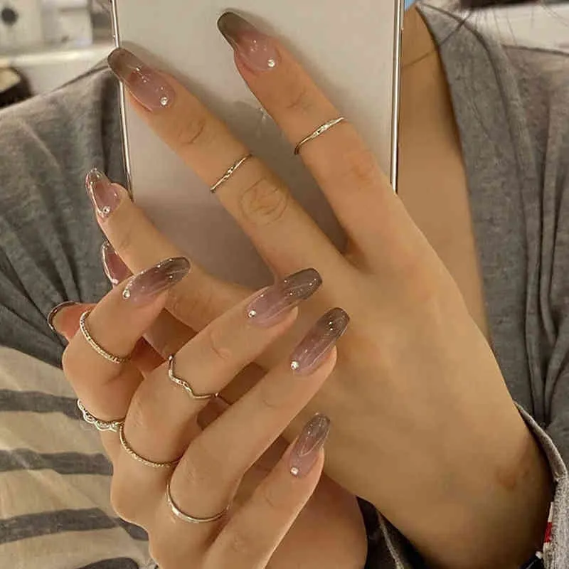 Uñas postizas 24 piezas Uñas postizas Ataúd Degradado Brillo Diseño de cristal Bailarina con pegamento Prensa en Diy Nail Art Manicura Herramienta 220225