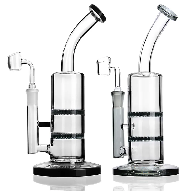 Bong à base épaisse Double écran filtrant Perc Recycleur de conduites d'eau en verre Bongs en verre Bubbler Perc 2 plates-formes pétrolières de fonction Pipes à fumer Dab Rigs