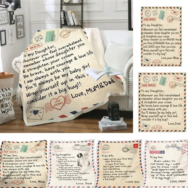 Fleece Blanket till min dotter Son Wife Letter Printed Quilts Air Mail Blanketter Positiv uppmuntrande och kärlek Presentdrop Ship LJ201127