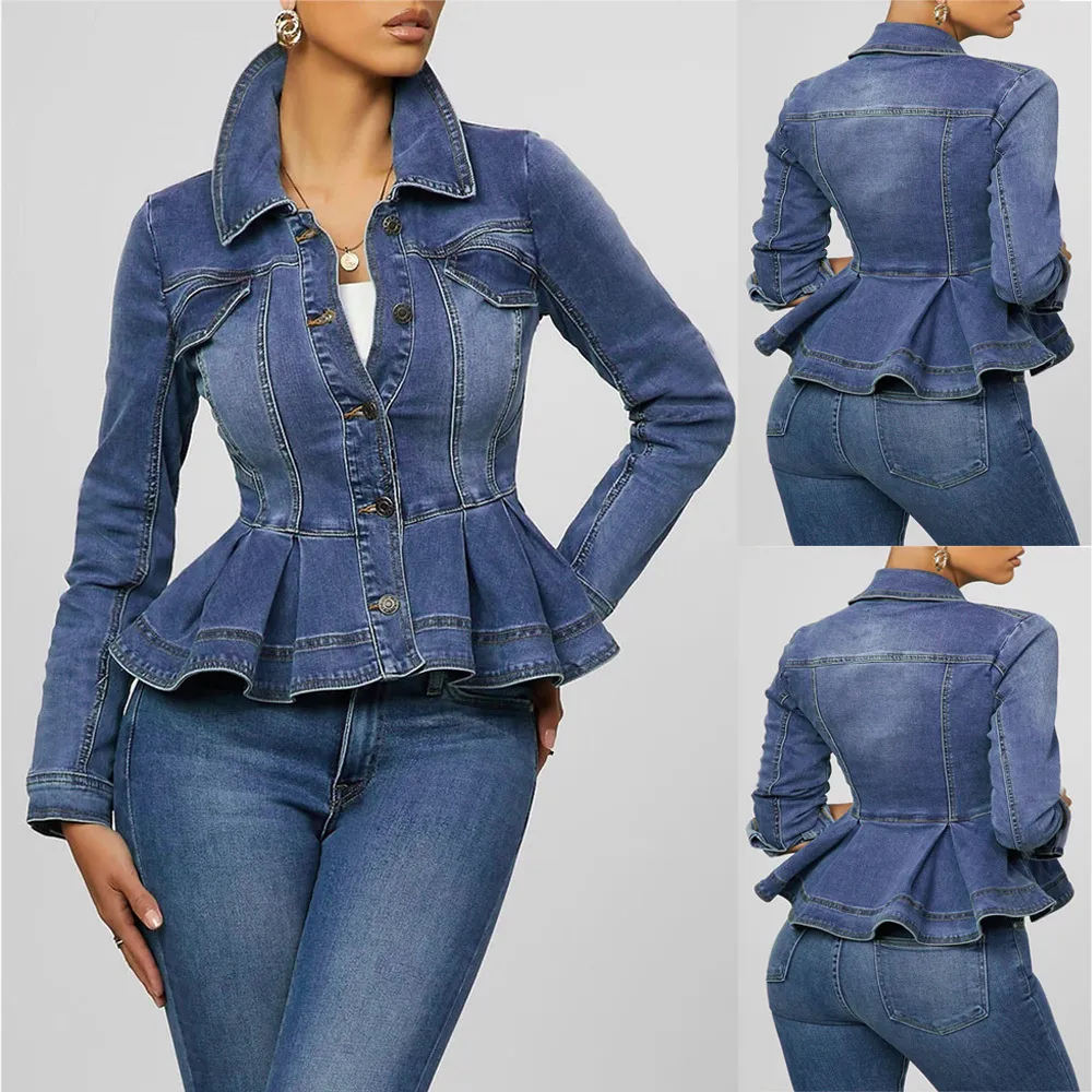 Women Denim Jacket Ruffle Hem Slim Fit Women Short Jeans Jackets Coat Vintage Turn Down Collar Denim Coat Outerwear Femme D30 201126