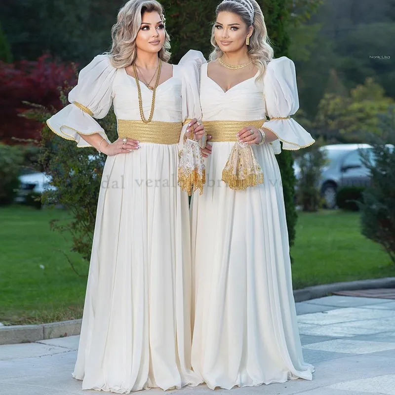 Traditionell Kosovo Albansk Bröllop Vit Aftonklänningar för kvinnor Party Flared Sleeves Chiffon Robe de Soirée de Mariage Prom