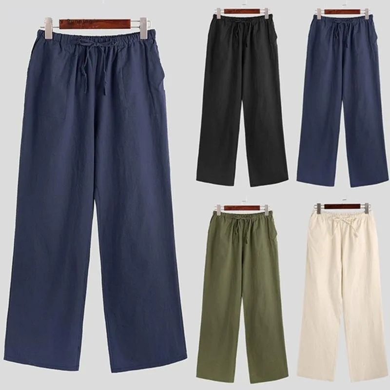 Calças masculinas de algodão linho calças casuais esportes correndo para homens verão corredores sólido em linha reta solta streetwear300r