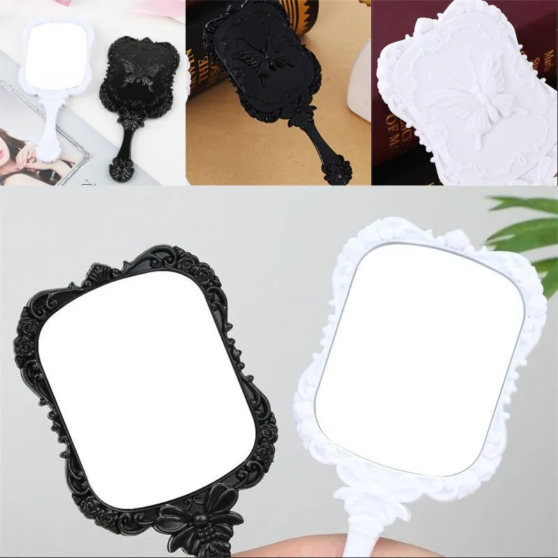 Plastic Black White Mirror Retro Square Handle Butterfly Lace Makeup Mirrors Portable Compact Household Decoration 1 75km G2