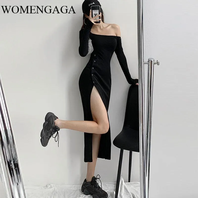 Robes décontractées WOMENGAGA Sexy Side Slit Robe Femme Noir Long Off Épaule Manches HGIH Taille Slim Hip Robe QAT8