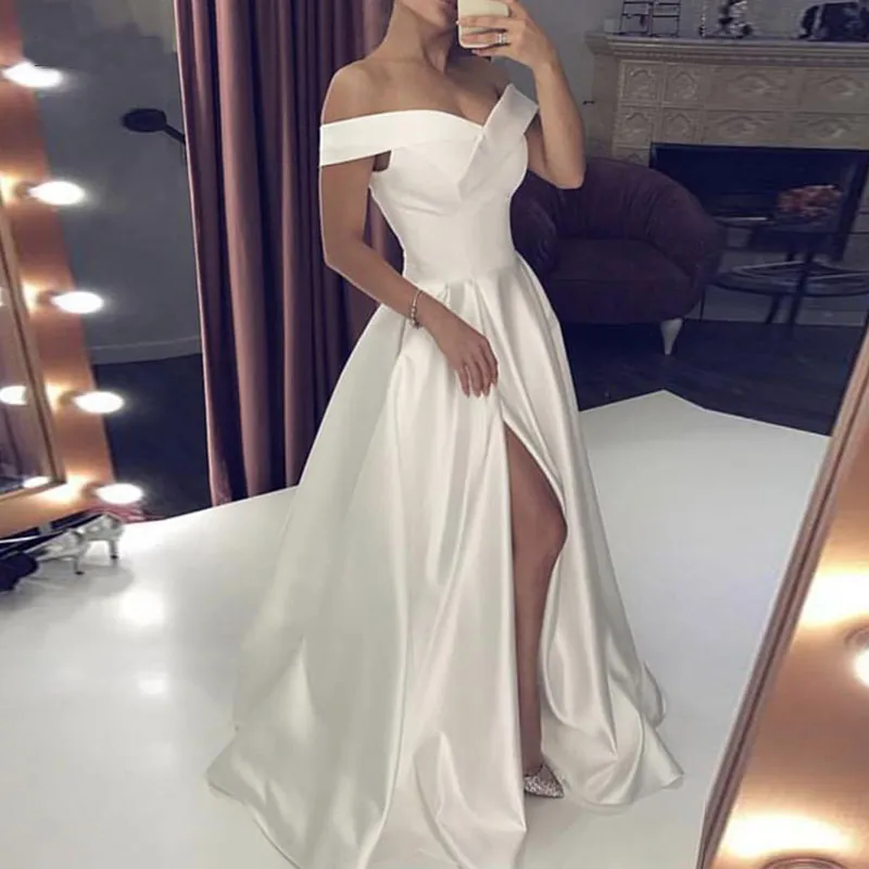 A-Line Off the Shoulder Formal Dresses for Women Dress Long With Split, Corset Back Satin Dress med fickor