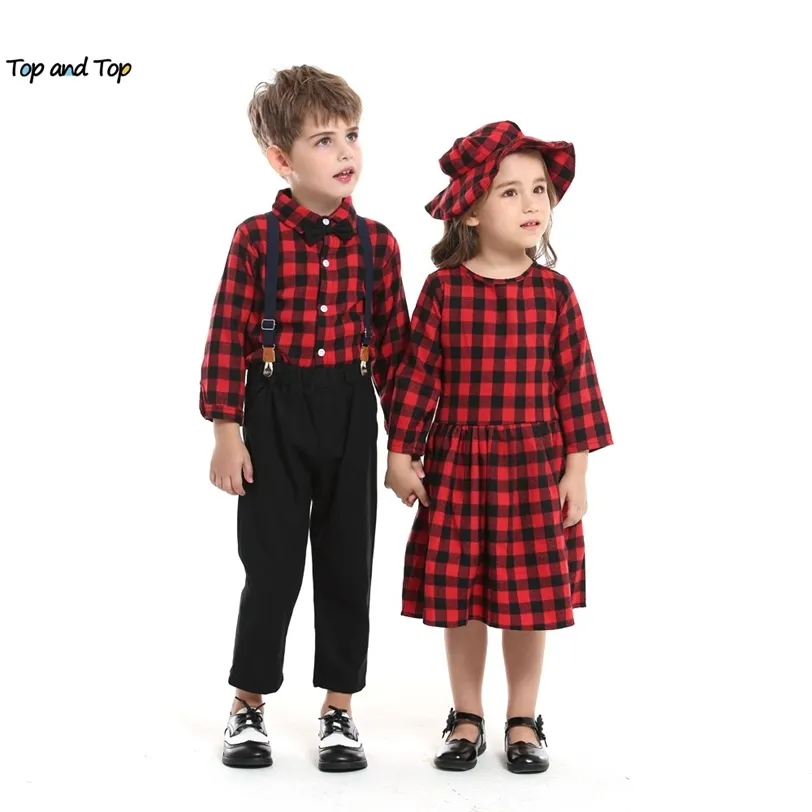 top and Autumn Winter Brother Sister Plaid Matching Outfits,Kids Boys Gentleman Clothes+Girls Casual Princess Outfits 211224