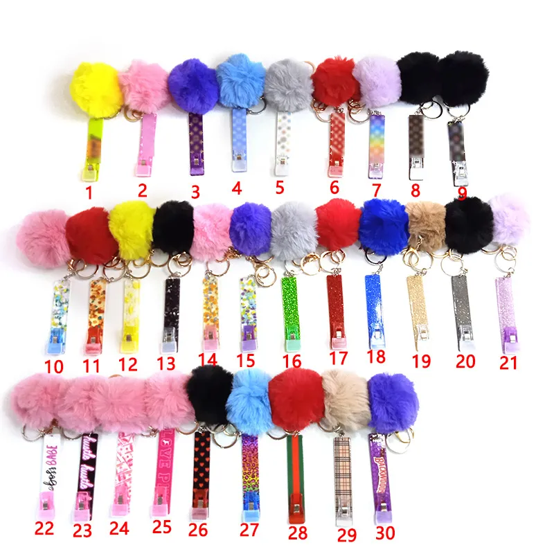 Card Grabber Phone Keychain Straps Charm Household Cute Credit Cards Puller Pompom Mini Rings Acrylic Debit Bank For Long Nail Atm Rabbit Fur Key chain Accessories