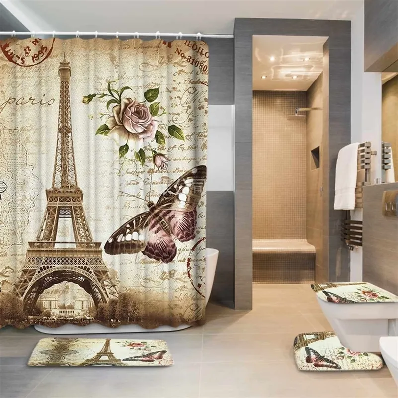 Eiffel Parijs Landschap Print Badkamer Douchegordijn Set Waterdicht Anti Slip Voetstuk RUG Deksel Toilethoes Bad Mat Set LJ201130