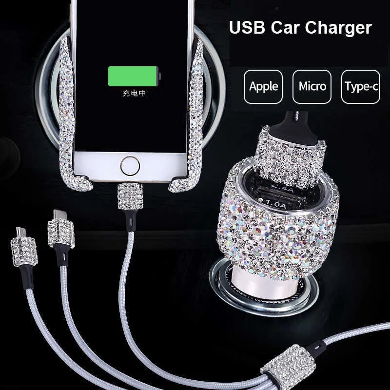 Chargeur de voiture double USB pour téléphone portable tablette GPS chargeur rapide cristal diamant 3 fil de ligne de données dans l'allume-cigare