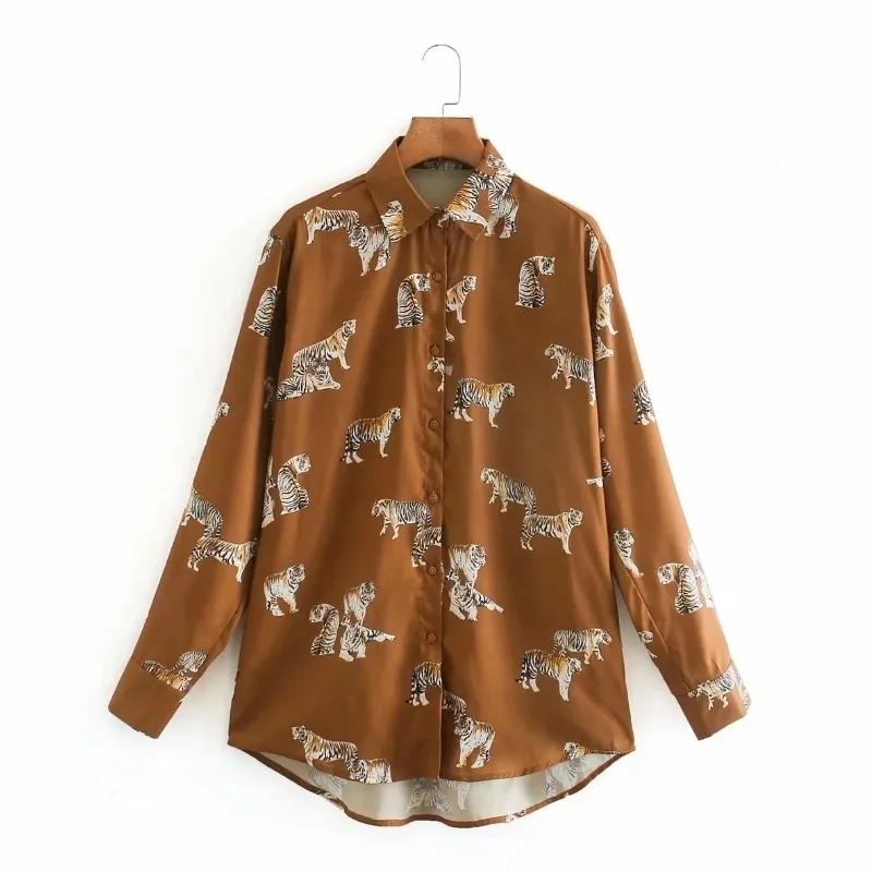 Women Tiger Print Long sleeve Shirts Femme Turn-down Collar Blouse Casual Lady Loose Tops Smock Blusas S7875 201202