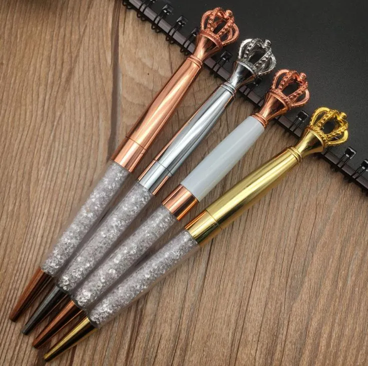 Nieuwe Diamond Crown Ballpoint Pennen Klassieke Kleur Rosegold Zilver Goud Metalen Pen Met Bling Little Crystal Student Writing Gift SN3381