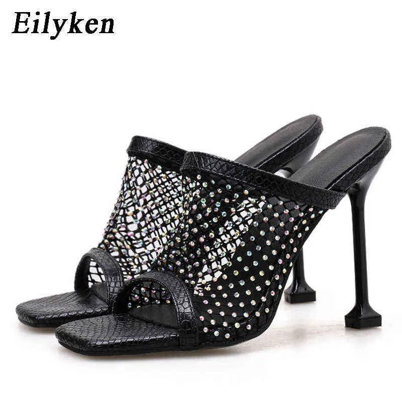 슬리퍼 Eilyken 패션 여성 뱀 프린트 Peep Toe Stilettos 발 뒤꿈치 여름 중공 통기성 메쉬 컬러 다이아몬드 파티 Shoes220308