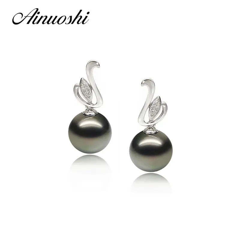 Ainuoshi 925 Sterling Silver Leavesformade pärlörhängen 9,5-10 mm naturlig Tahitisk svart pärla Round Pearl Lover Stud örhängen Y200107