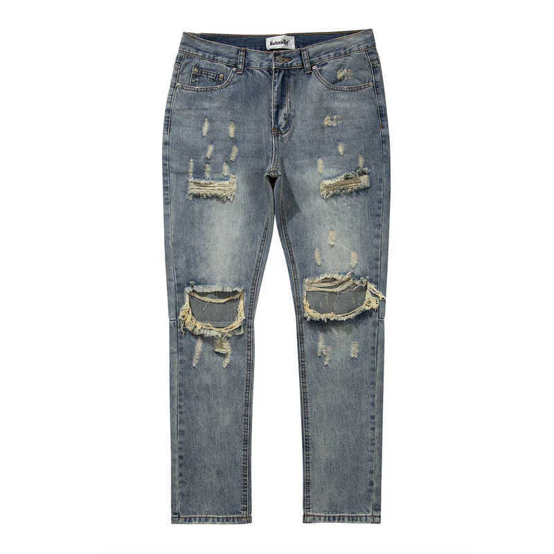 Mäns Jeans High Street Tide Brand Water Washed Hole Breaking Basic Slim Elastic Jeans