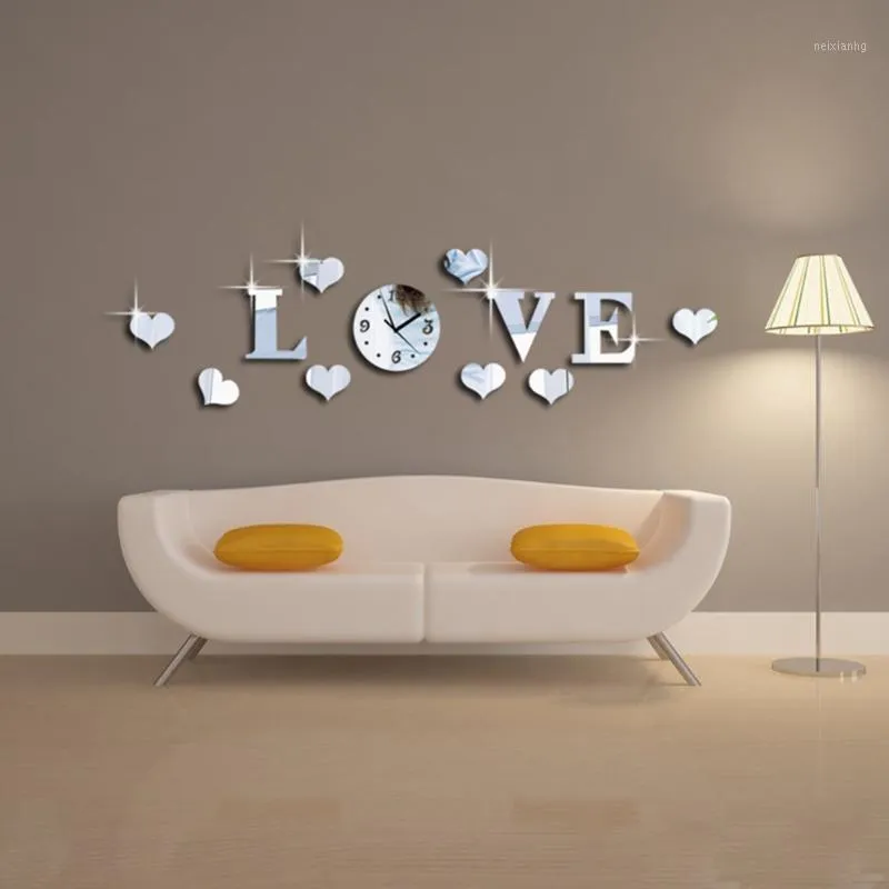 Wall Stickers Creative Romantic Acrylic 3D Mirror Effect LOVE Letter Sticker Clock Mechanism Decoration1