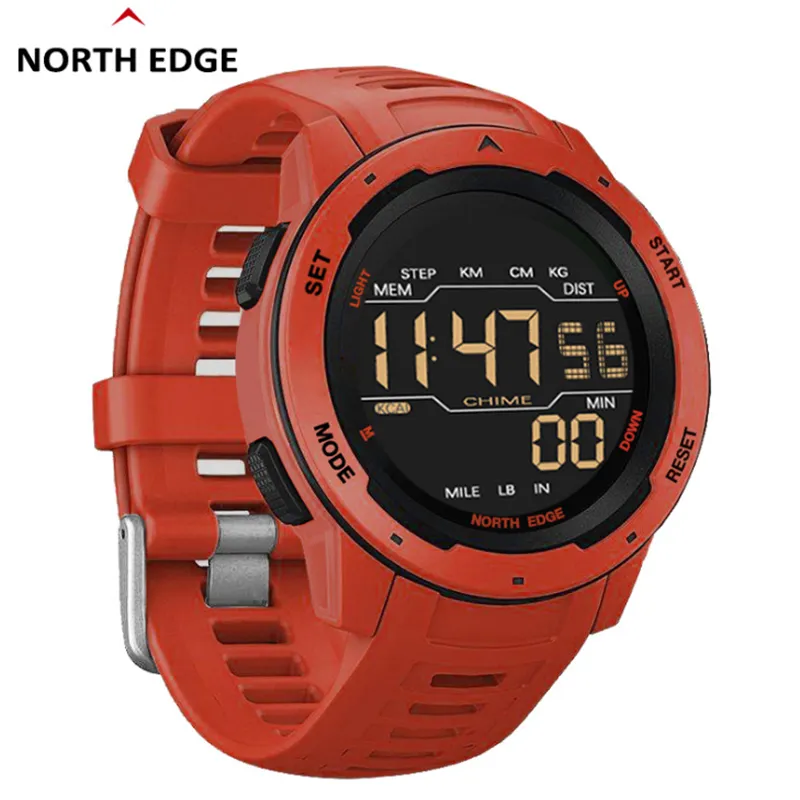 North Edge Mars Men Digital Watch Men 's Military Sport Watches 방수 50m 만보계 칼로리 스톱워치 시간별 알람 시계 2756