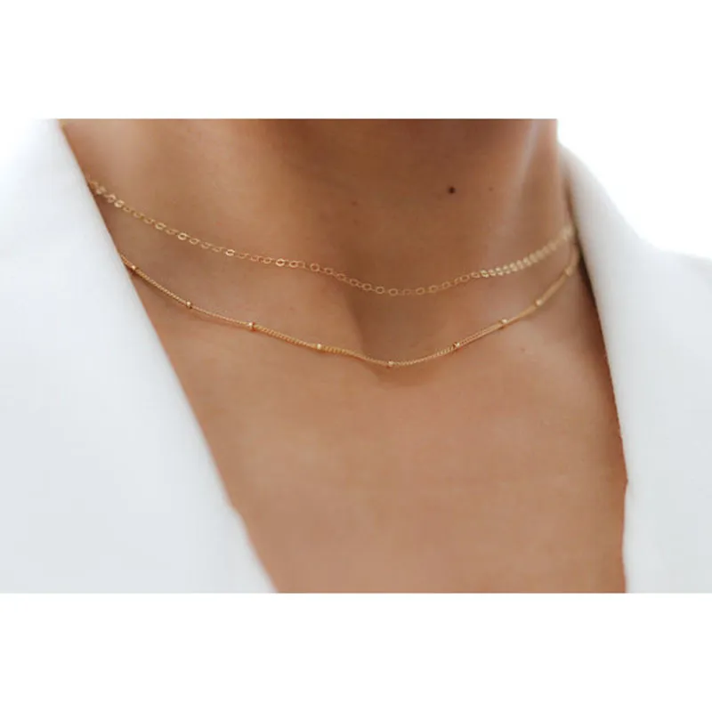 925 Silver Layered Necklace Handmade Gold Chocker Ball Chain Pendant Collier Femme Kolye Collares Jewelry Necklace For Women Q0531