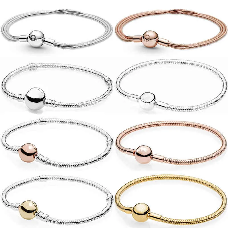 Rose Moments – Bracelet multi-trois fines chaînes serpent, fermoir circulaire, en argent Sterling 925, perle, breloque, bijoux à faire soi-même, à la mode