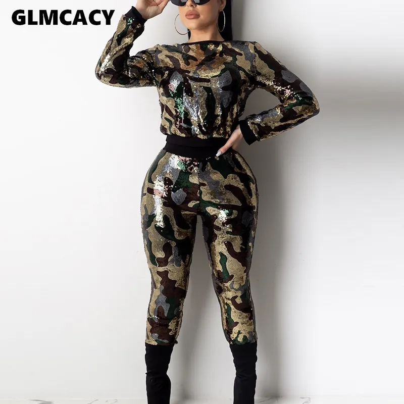 Женщины Camo Sequin Tracksuits Женщины набор осень зимние наряды с длинным рукавом топ + брюки пот костюм велюру 2 шт.