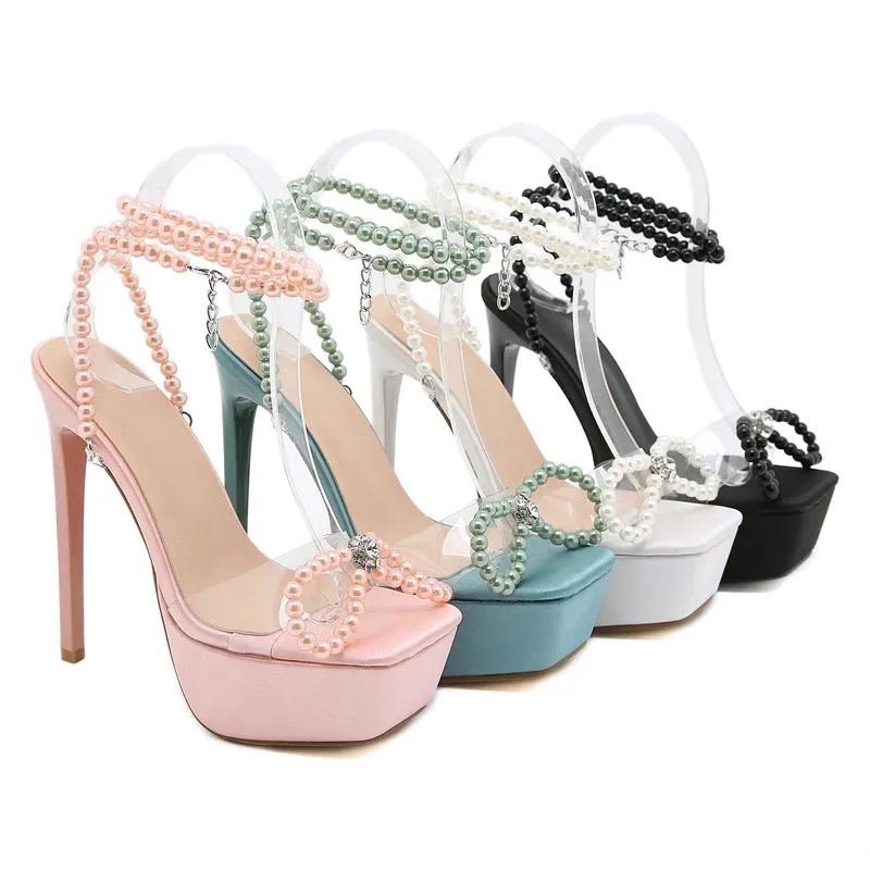 Sandalias de tacón alto de 15cm, zapatos de fiesta con Nudo de mariposa y cadena de perlas rosas, tacones de plataforma en el tobillo, color blanco y verde