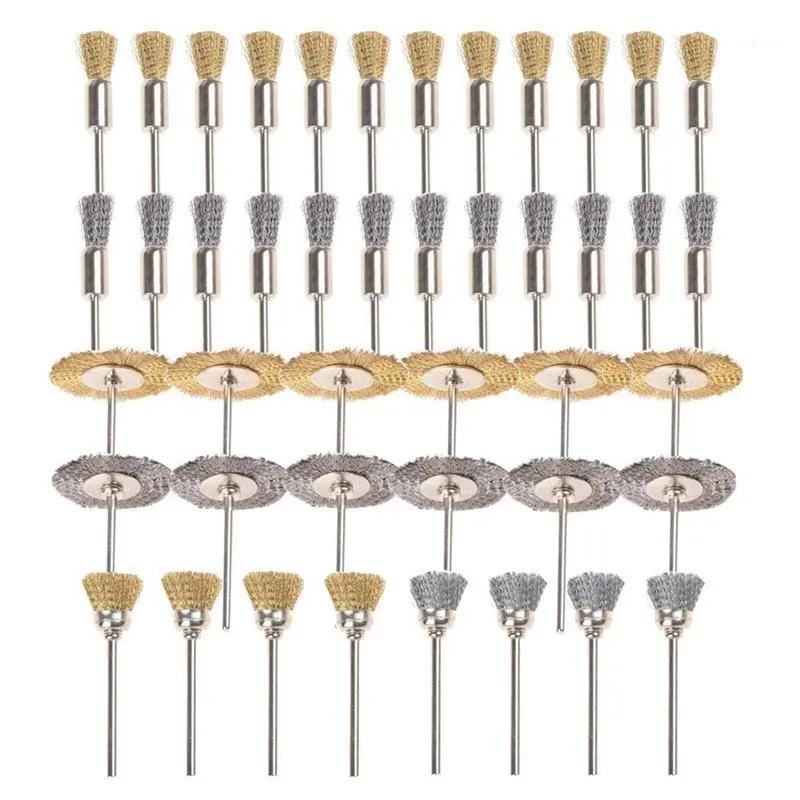 44 Pieces Mini Wire Brush Wheel Cup Brass Steel Wire Brush Set 1 8inch 3mm Shank For Power Dremel Rotary Tools Polishing Buf1225C