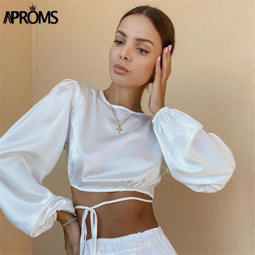 Aproms Soft Satin Backless Bow Tie T-shirt Female Summer Fashion Long Sleeve Slim Tshirt Basic Crop Top for Women Clothing 220214