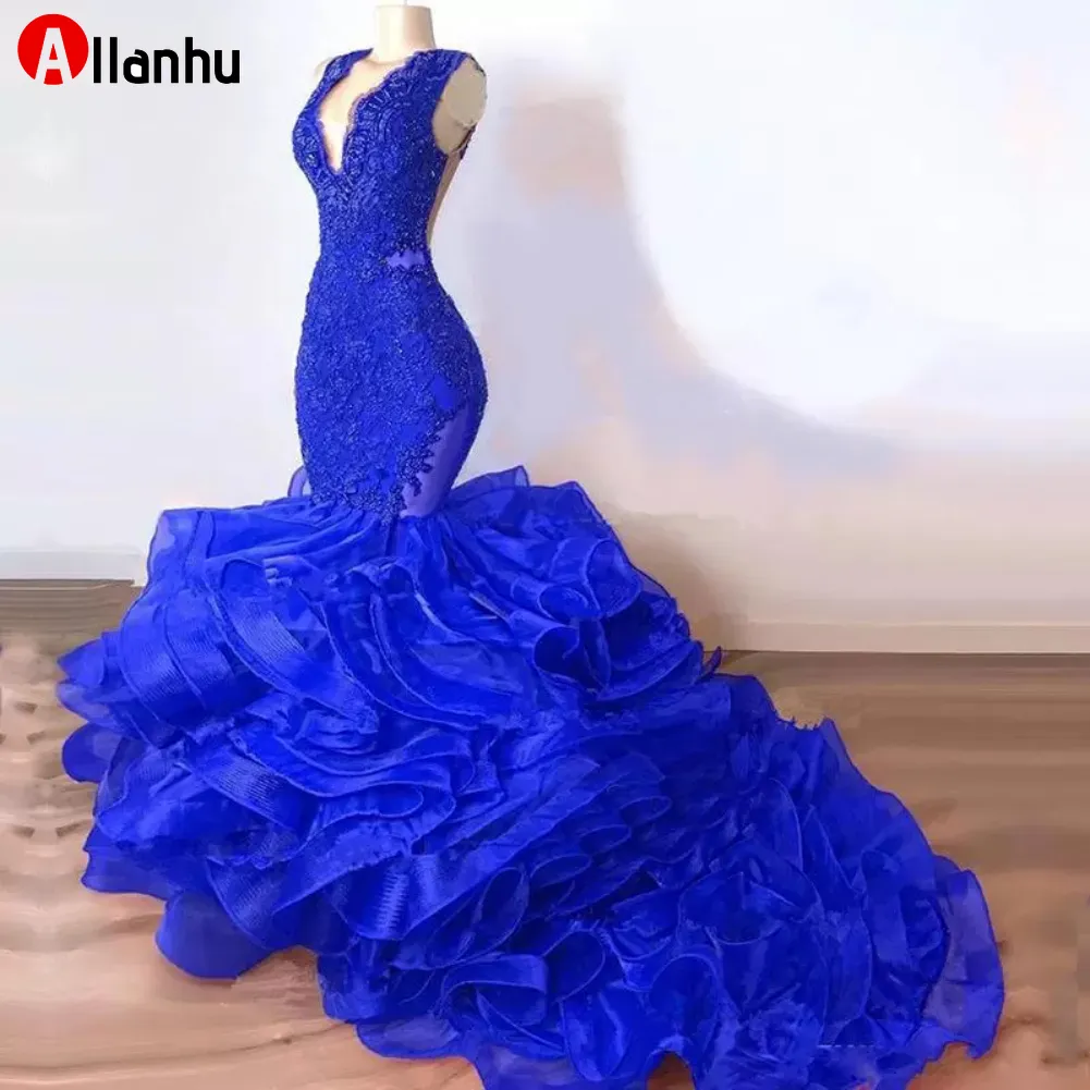 2022 Nowy Rok organza Ruffles spódnica v szyja królewska niebieska sukienki Mermaid Prom Aso ebi afrykańskie suknie wieczorowe sukienki imprezowe szatę de hoire1882