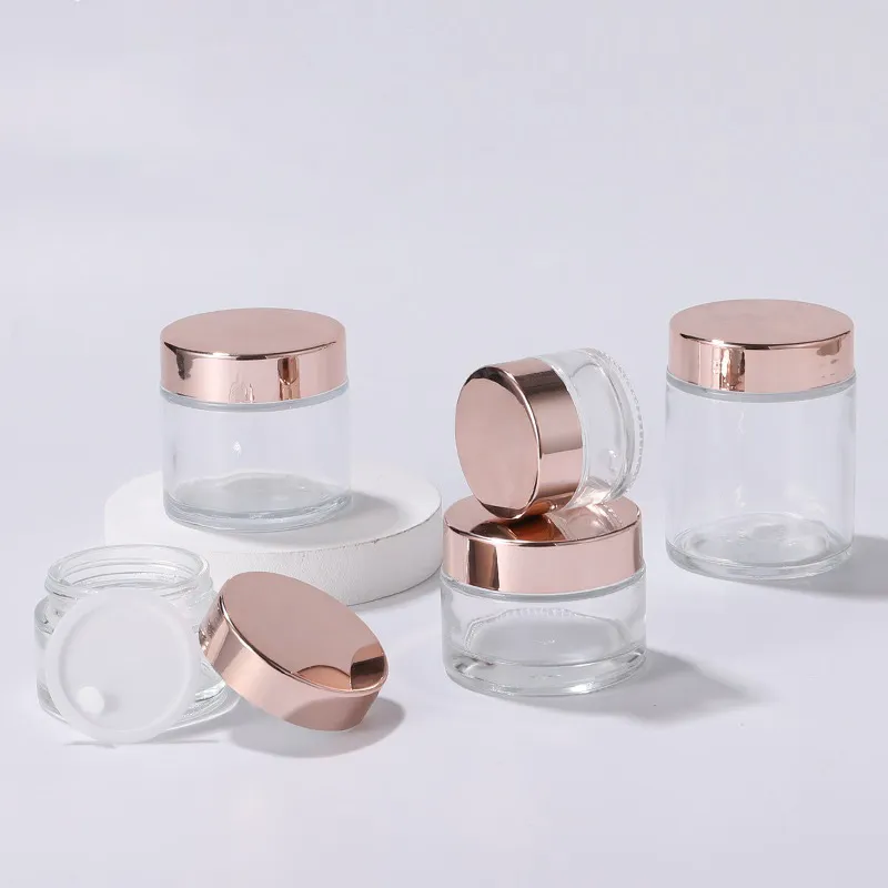 1 pc frasco de vidro fosco cosmético 5-100g jarras cosméticos rose ouro tampa de garrafa creme recipiente vazio