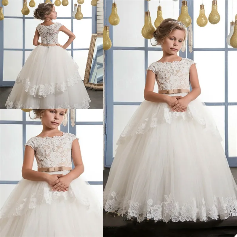 Princess Flower Girls Dressesジュエルファーストコミュニオンドレスノースリーブエレガントなシックレースアップリケカスタムメイドキッズページェントドレス