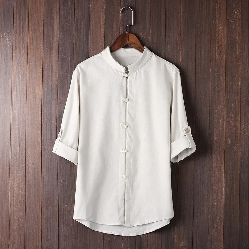 Helisopus Men's Tang Suits Cotton Linen 3/4 Sleeve Mandarin Collar Retro Han Custume Shirts Chinese Kung Fu Asian Size Male Tops Y200930