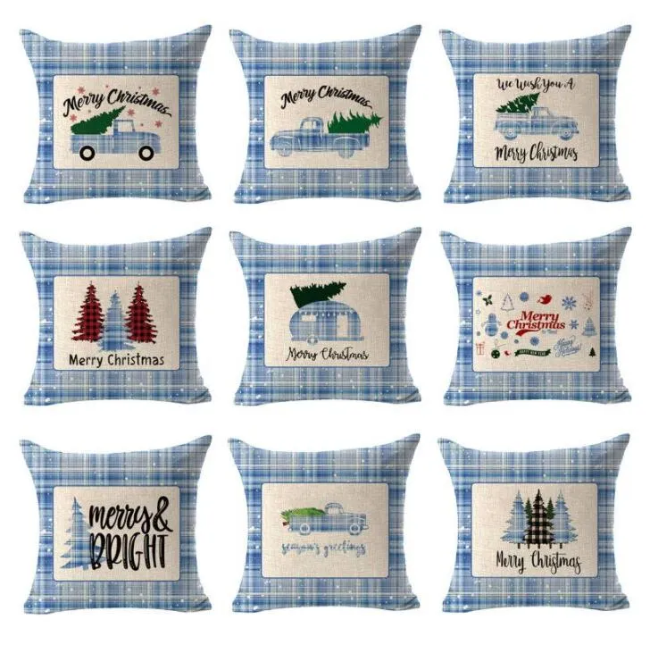 Pillowcase Blue Checked Christmas Pillow Cases Plaid Printed Linne Xmas Pillow Cover Automobile Cushing Cover för Home Hotel LSK2001