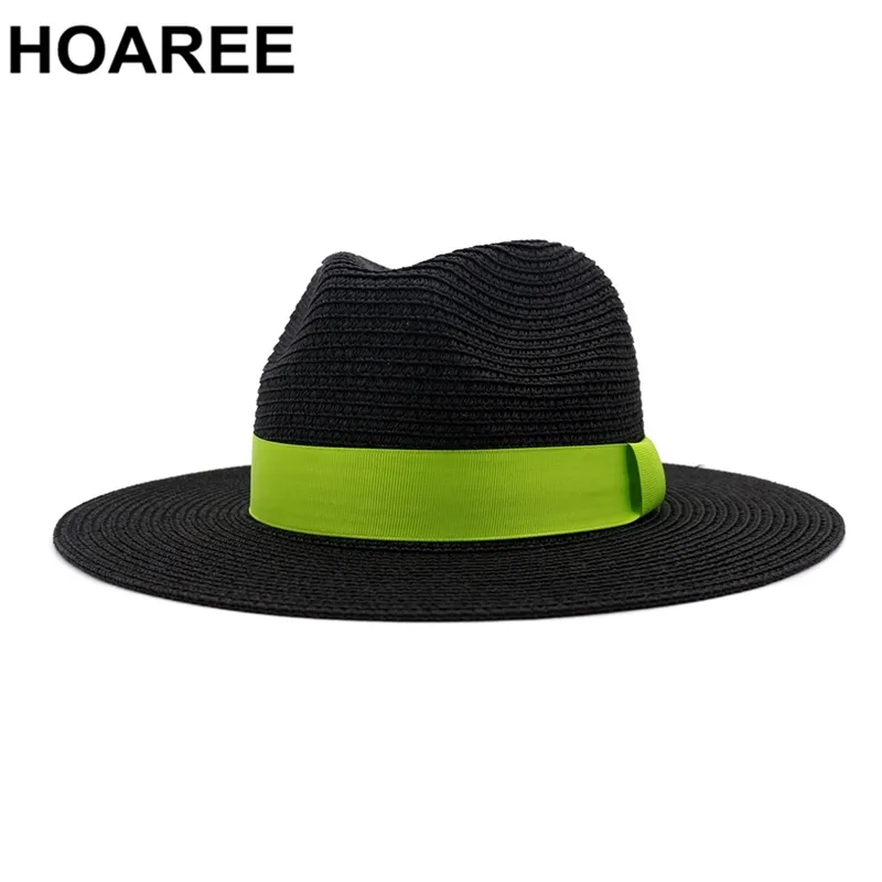 HOAREE Hommes Femmes Panama Chapeau Élégant Noir Vert Paille Soleil Chapeaux Style Britannique Jazz Fedora Été Plage Marque Trilby Large Bord Chapeau Y200714