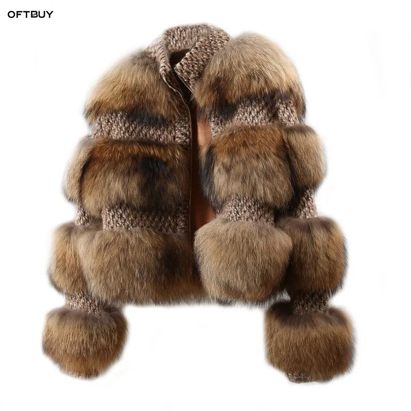 Oftbuy Vinterjacka Kvinnor Parka Real Fur Coat Natural Raccoon Fur Woolen Coat Bomber Jacka Koreanska Streetwear Nya Oversize 201030