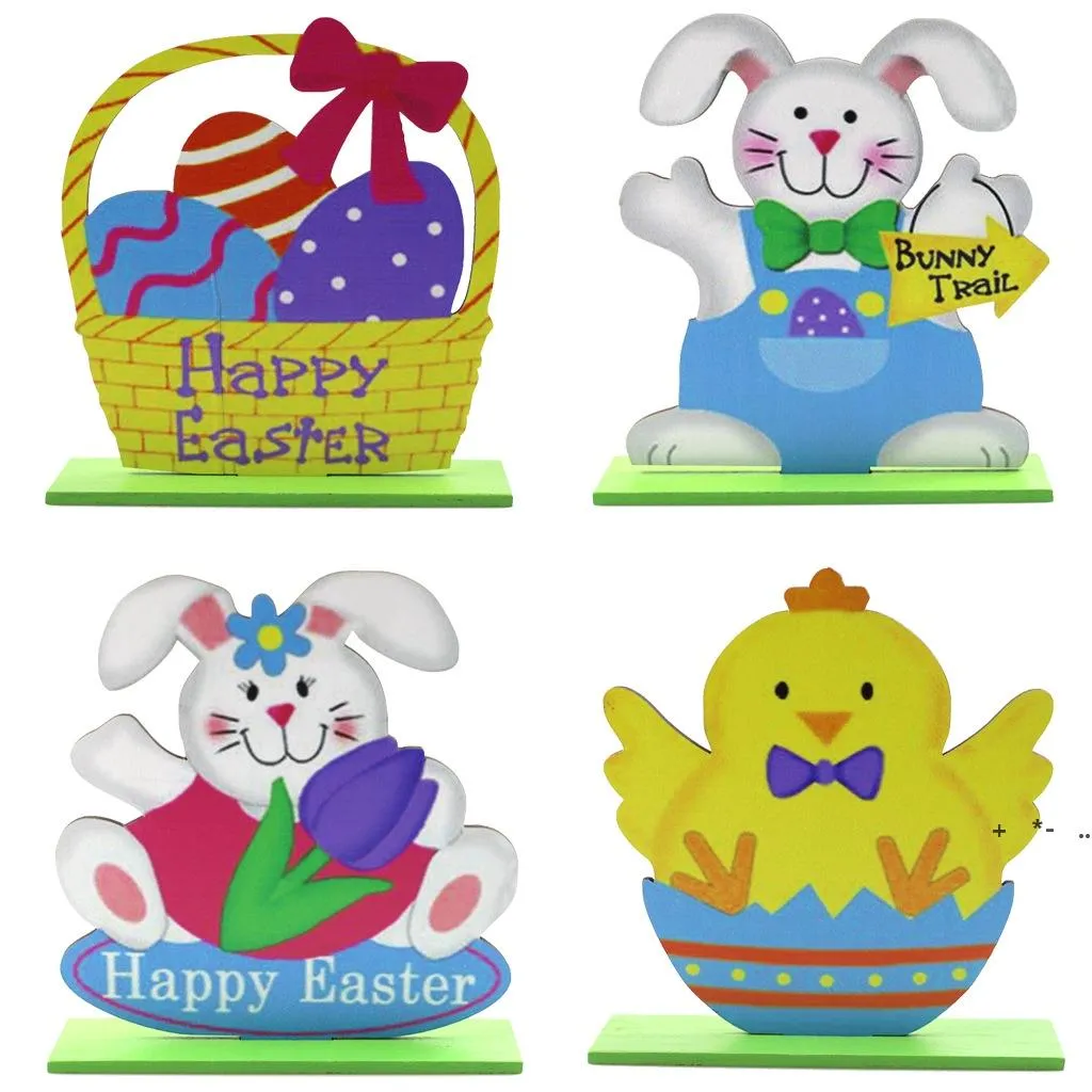 Easter Tabletop Decoration Signs Happy Easter Party Wooden Rabbit Chicken Basket Ornament for Office Coffee Home Table Decor RRB13621