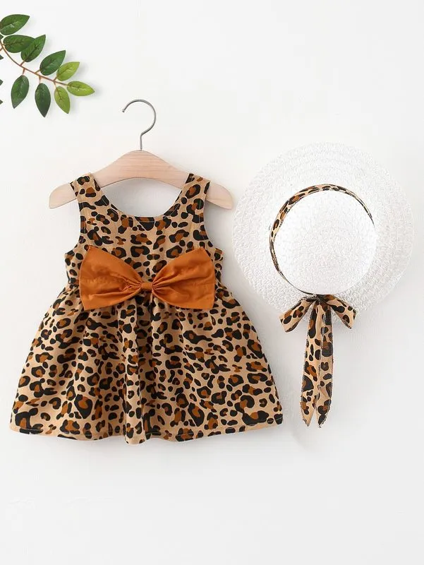 Baby Leopard Print Bow Front Sukienka Kapelusz Ona