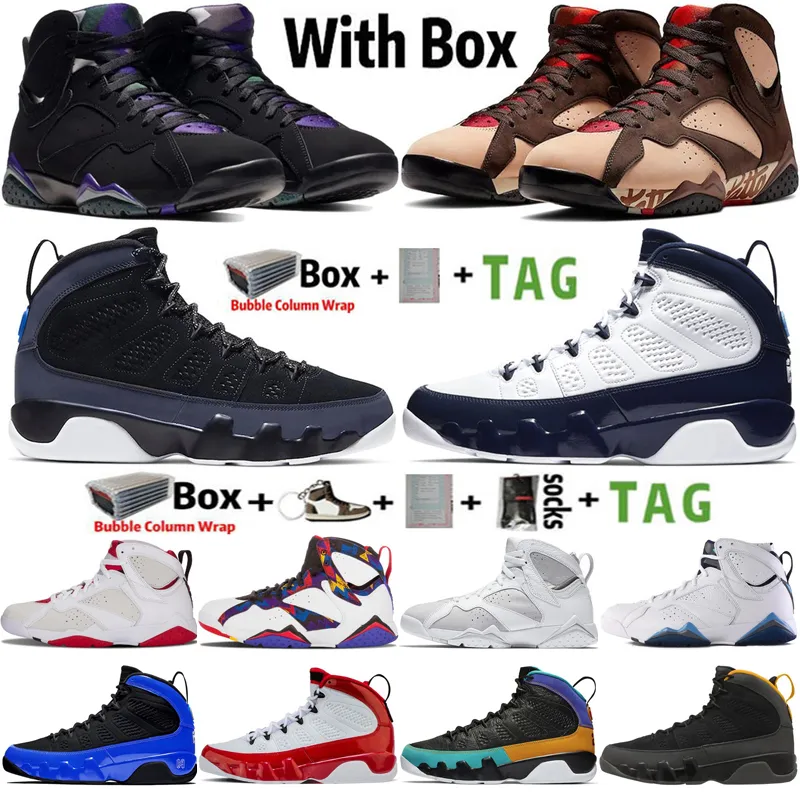 2023 Com Box Jumpman 7 Mens Basketball Shoes 7s Patta X Ray Allen Hare Pure Money 9 OG 9s UNC Bred University Gold Racer Blue Men Sports Women Trainers Size 7-13