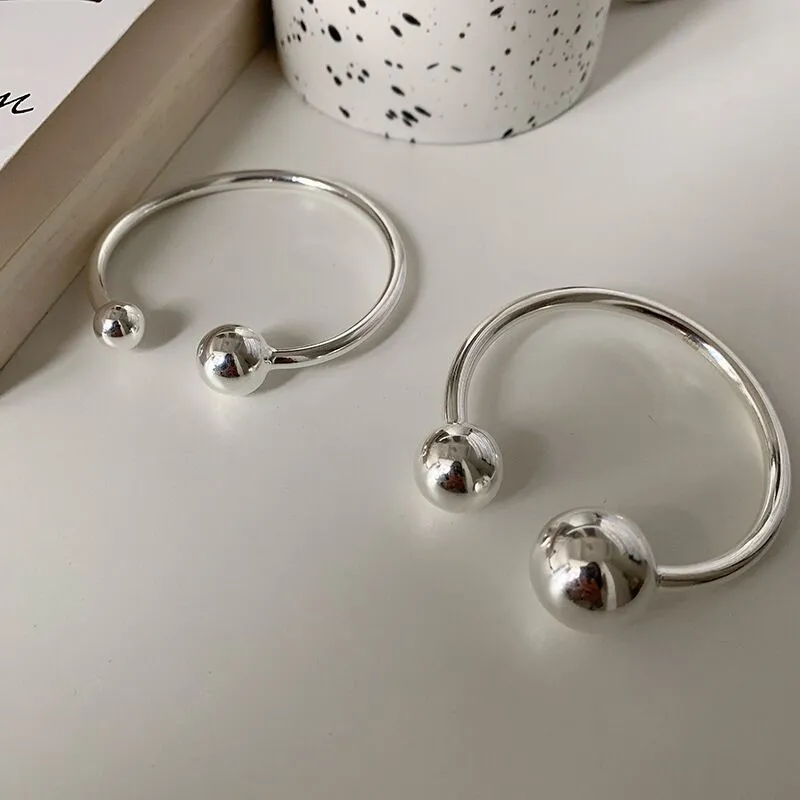 Minimalist 925 Sterling Silver Cuff Bangle Bracelet Trendy Elegant Charm Glossy Solid Ball Jewelry Birthday Gifts Party Accessories
