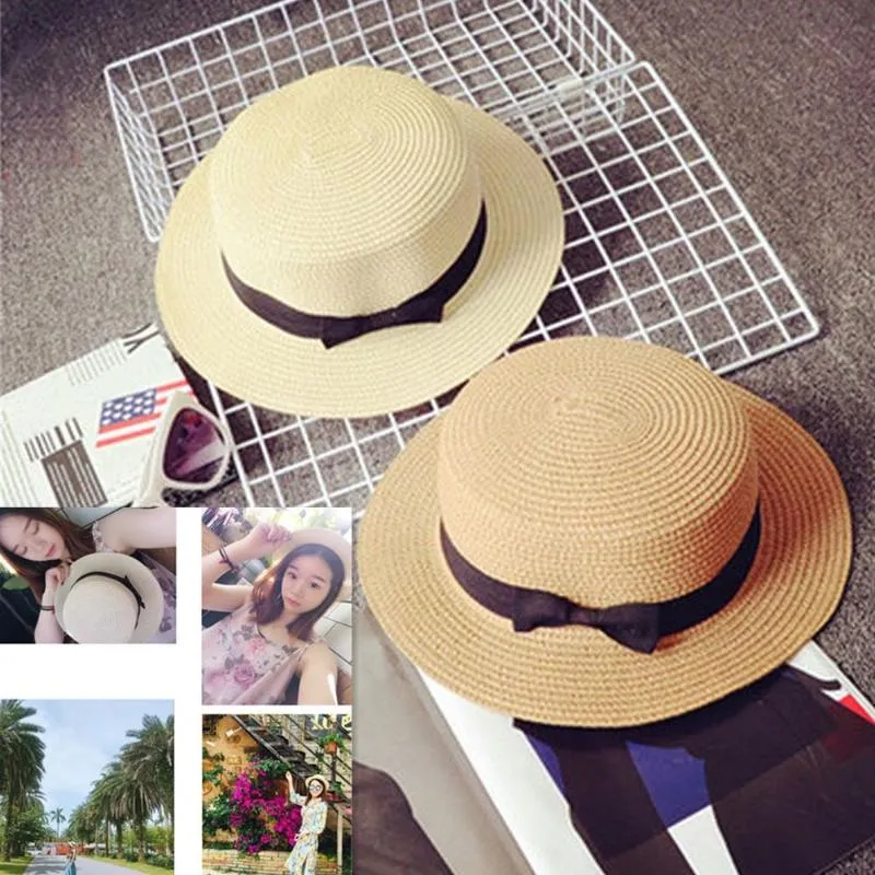 Kvinnor vandring och resande solhattar mode flickor semester avslappnad platt grim bowknot lady beach cap strå hatt visor181r